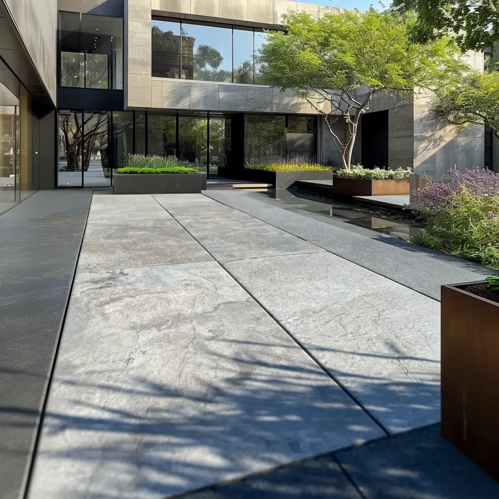 Moderní nádvoří s velkoformátovou terasovou keramickou dlažbou a zelení