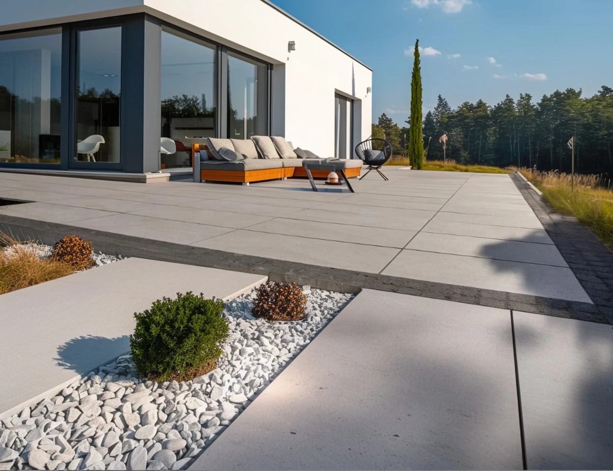 Rozsáhlá terasa s velkoformátovou terasovou keramickou dlažbou u moderního domu